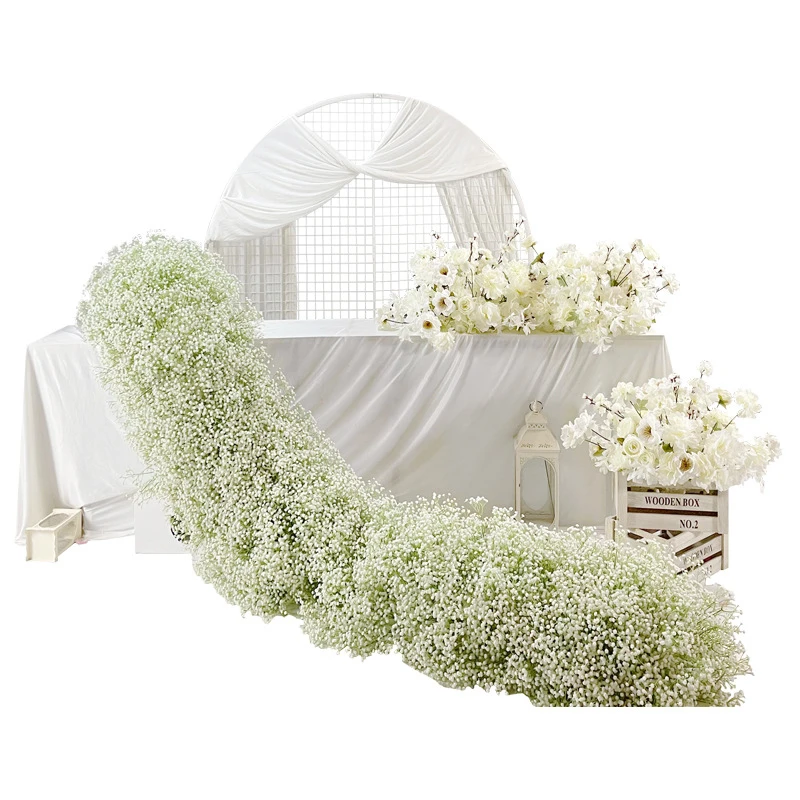 200/100cm White Gypsophila Baby Breath Rose Flower Row Arrangement Arch Wedding Backdrop Props Table Flower Runner Party Floral