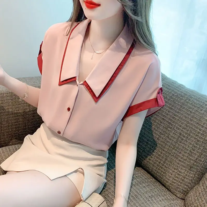 

2023 New Summer Fashion Patchwork Turn-down Collar Short Sleeve Blouse Femme Fashion Buttons Shirts Women Clothing Simplicity