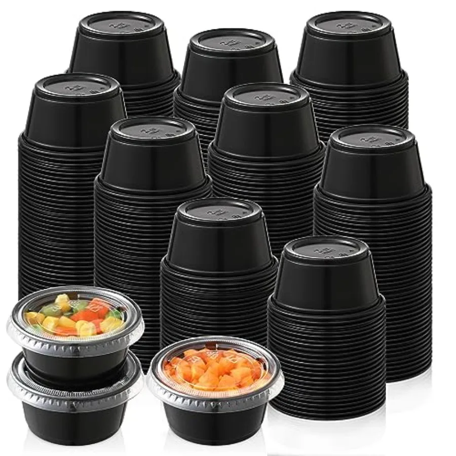 

200-2 oz Black Jello Shot Cups, Portion Cups, Small Plastic Containers with Lids, Airtight Souffle Cups, Salad Dressing Contain