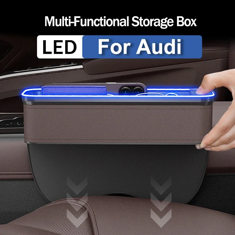 

For Audi A1 A3 A5 A6 A6L Q2 Q3 Q7 TTS R8 S6 A4 A4L A5 Q5 Car Crevice Storage Box With 2 USB Charger Colorful LED Seat Organizer