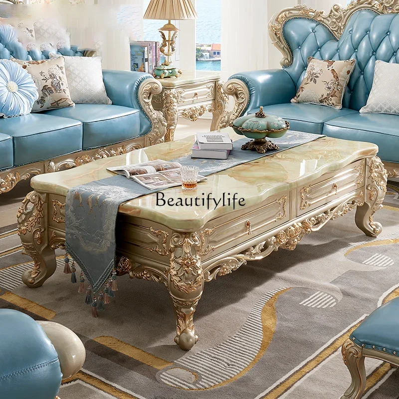 European living room crown coffee table gold solid wood carving flower European marble coffee table villa furniture