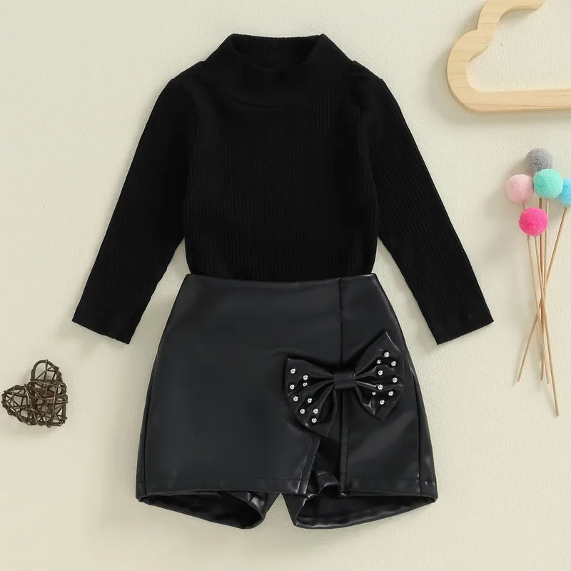 RUEWEY Toddler Baby Girl Short Sets Spring Autumn Clothes Solid Color Mock Neck Long Sleeve Tops and PU Leather Mini Skirts