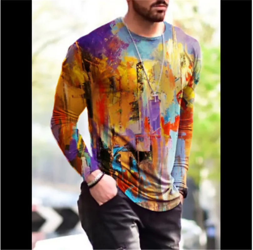 Spring Autumn Long Sleeve Men\'s 3D T-Shirts Tie-dye Street Patchwork Pattern Printing Male Tops 6XL Plus Size Loose Casual Tees