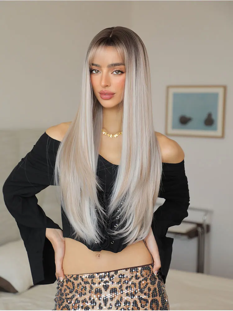 

Натуральные черно-белые волосы, 28-дюймовый парик с прямыми волосами, синтетические термостойкие парики для женщин