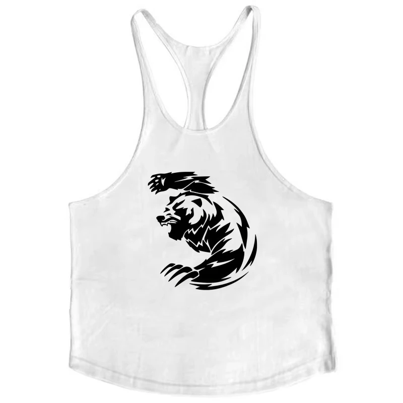 

Gym Fitness Men's Vest – Bodybuilding Sleeveless with Black Bear Strength Print, Breathable I-Shaped Workout Tank Top