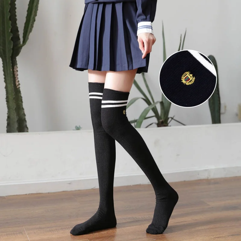 Badge Embroidered Women's Cotton Two-Bar Long Over-the-Knee Socks Autumn and Winter Jk High Stockings Stoc