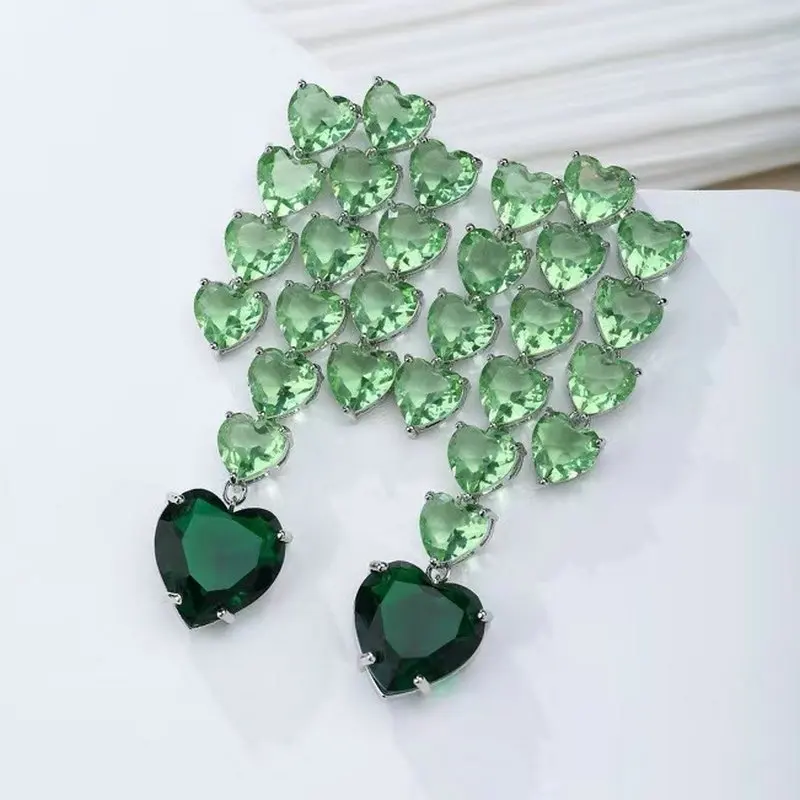 Bilincolor Fashion Green Cubic Zirconia Heart Tassel Earring for Women Jewelry