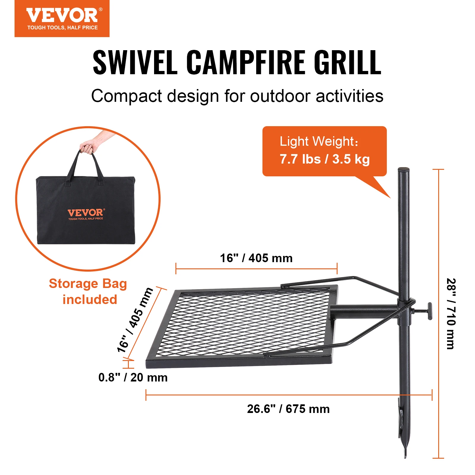 VEVOR Swivel Campfire Grill, Portable Fire Pit Grill Grate,360° Adjustable Open Fire Outdoor Cooking Equipment, for Camping BBQ