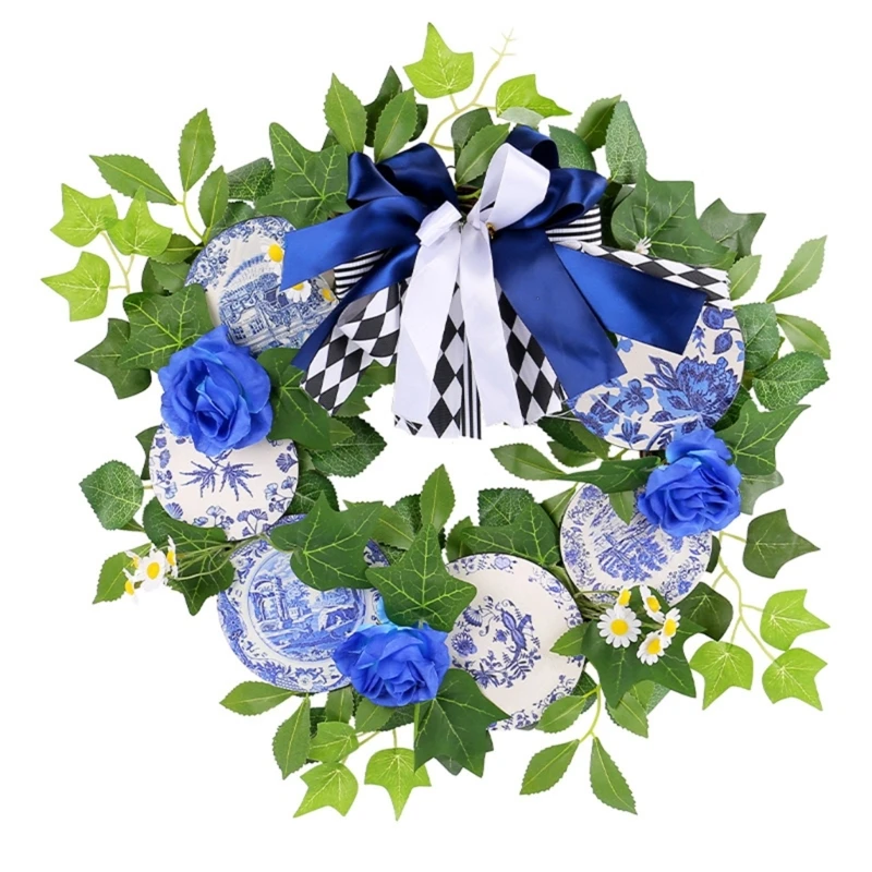 

Blue and White Wreath With Porcelain Plate Handmade Christmas Door Entry Wreath