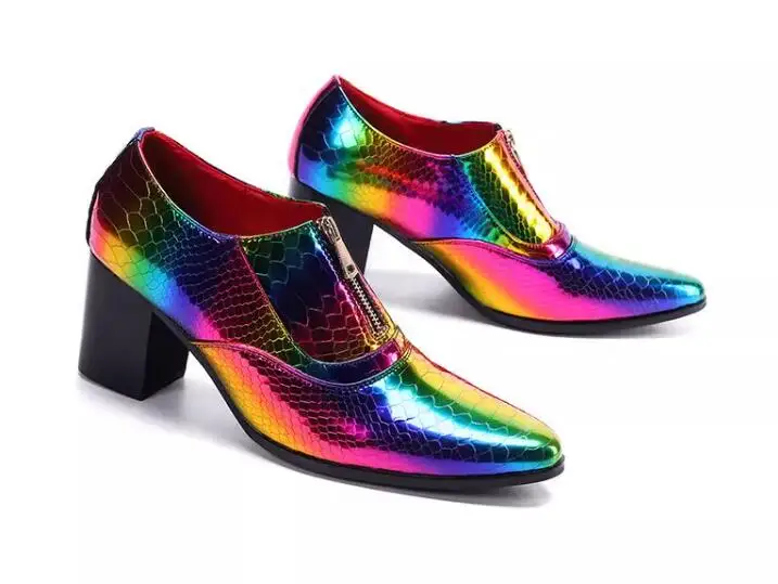 

Moraima Snc Newest Pointed Toe Men Dress Shoes Colorful Leather Chunk Heels High Heel Shoes for Male Stage Shoes