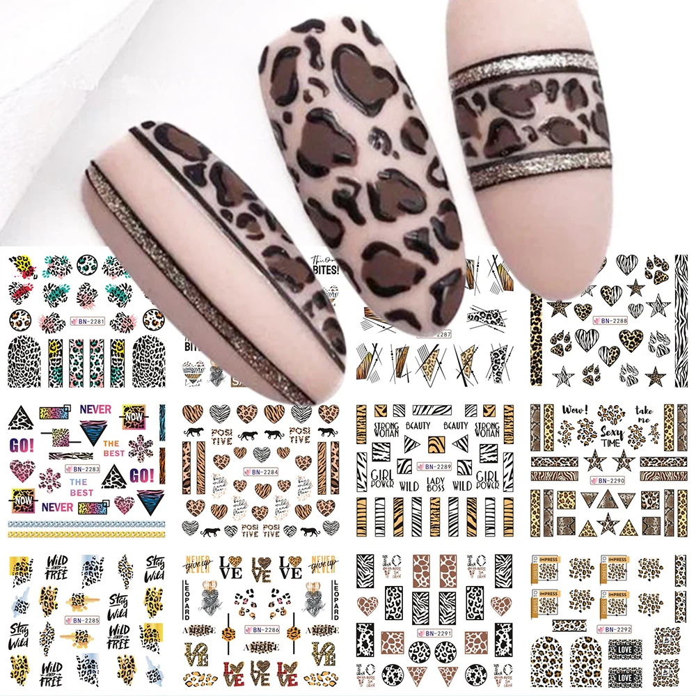 Leopard Print Nail Stickers Winter Decor Wild Animal Pattern Nail Art Water Decals Geometric Striping Tape Manicure Tattoo GLBN