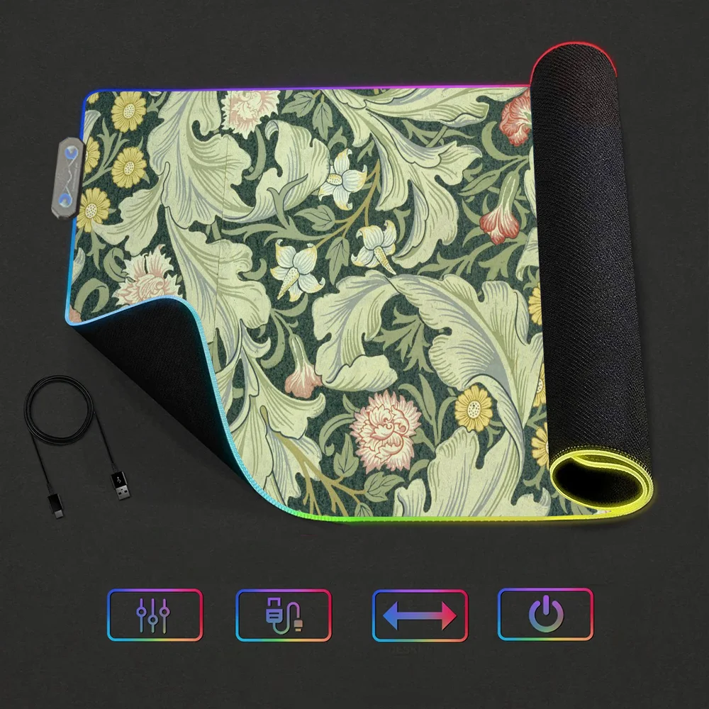 Art W-William Morris Luxury S Mouse Pad RGB LED Light Non-Slip Rubber Base Waterproof Office PC Home Best Price Desk-Mat USB Lar