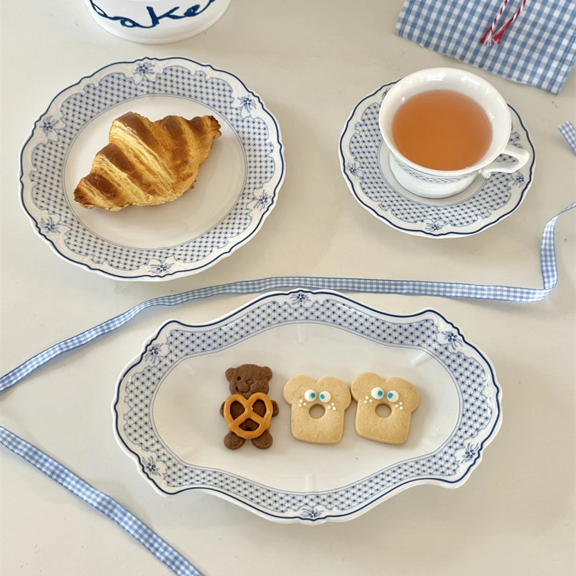 

Retro Blue Cerc Coffee Cup Plate Di Oval Dert Plate Beautiful Tableware French Vintage Sle Induction Cooker Se