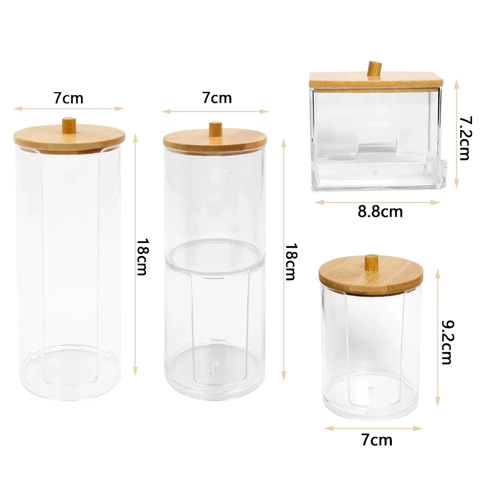Cotton Swab Organizer Storage Bamboo Cover Acrylic Round Organizer Makeup Storage Box Container Organizadores צמר גפן אחסון