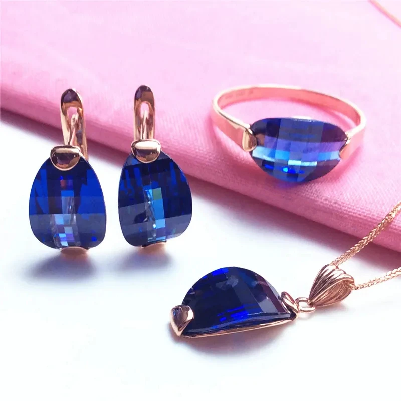 585 purple gold fashion sapphire jewelry set 14k rose gold earrings for women necklace rings light luxury wedding jewelry gift