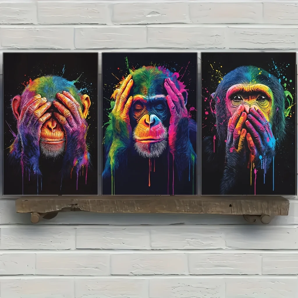 2D Flat 3pcs/set Modern Three Wise Monkeys Canvas Wall Art Poster Frameless Abstract Funny Monkeys Posters for Living Room Decor view 4