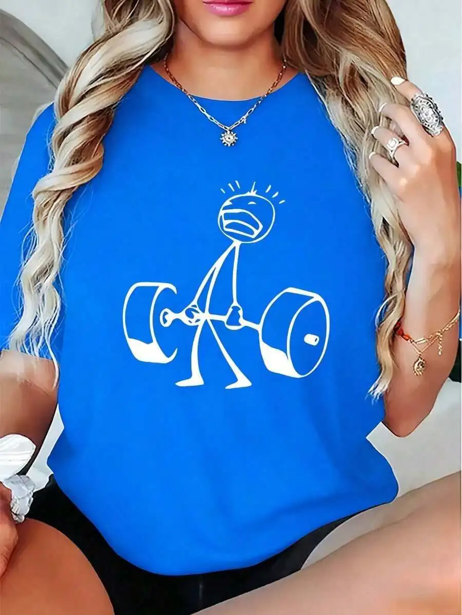 Oversized Funny Workout Graphic T-Shirt With Stick Figure Lifting Weights Print Loose Fit Cotton Tee Casual Streetwear