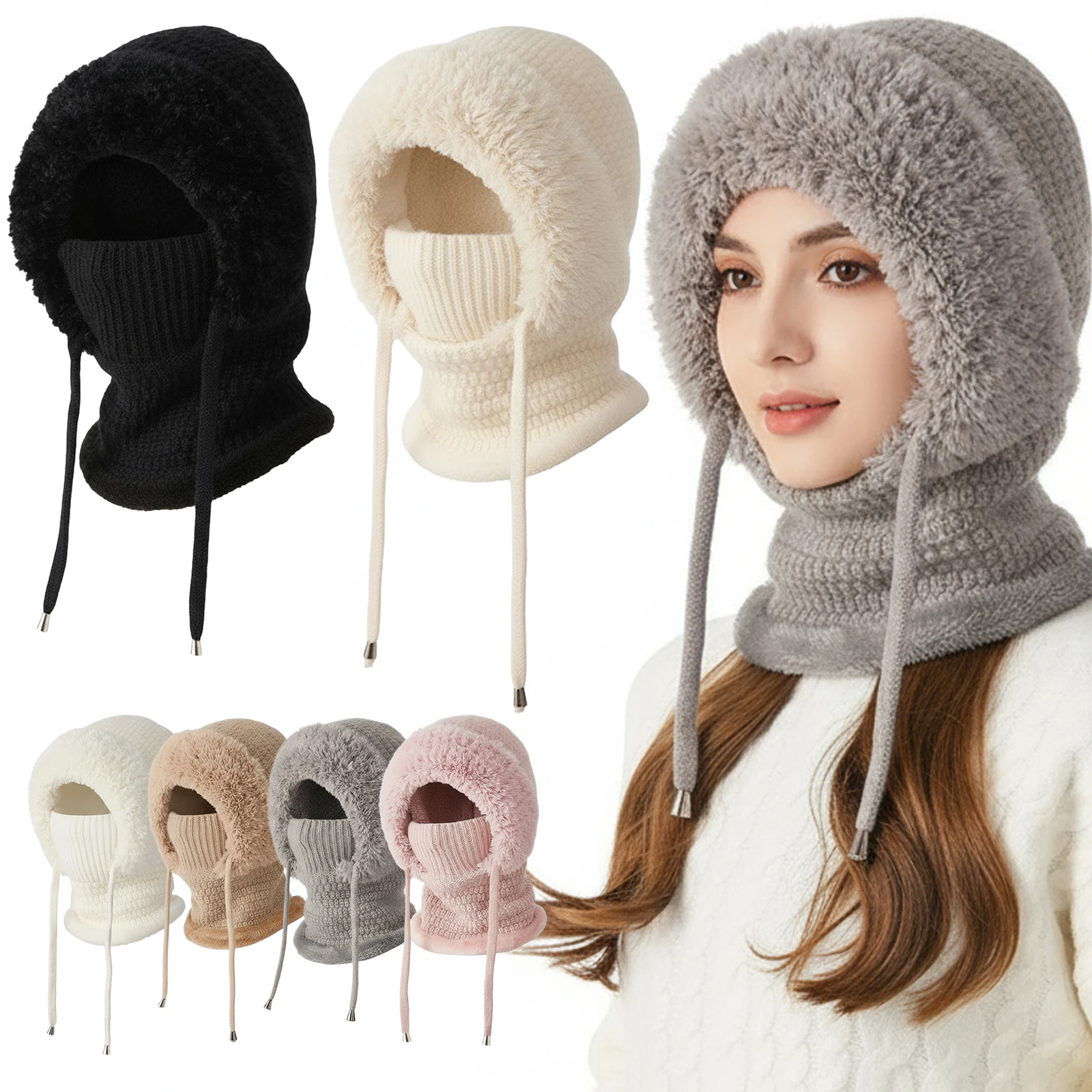 

Women 3 in 1 Hooded One Piece Snow Cap W/Scarf and Mask Hooded Skull Cap Fleece Lined Knit Hat Set