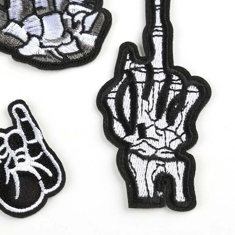 12 Stück/Schwarze Stoff-Applikationen Punk-Patches Thermoklebende Totenkopf-Geisterfinger-Stickereien Aufbügelbare Aufkleber für Kleidung, Jacken – Detail 9