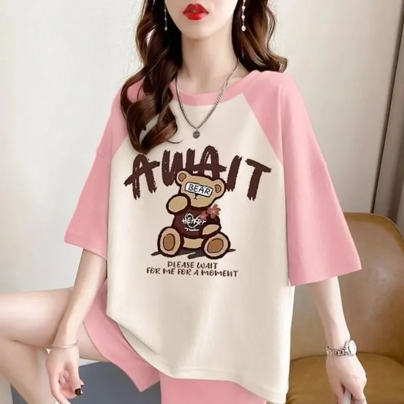 Women's 2025 Summer New Cartoon Pajamas Suit Printing Large Size Versatile Splicing Short-sleeved Top and Shorts 2 Two piece Set