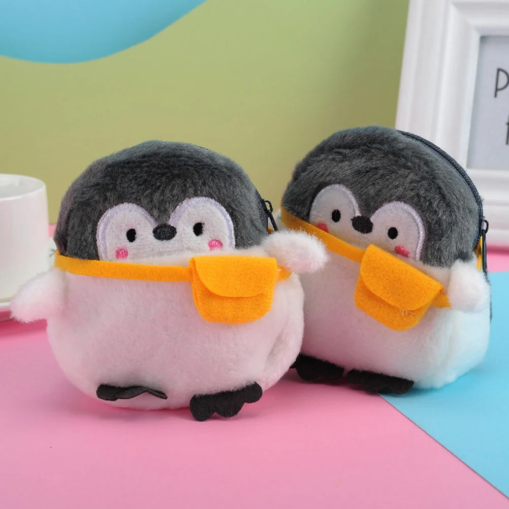 2 Pcs Purse Penguin Shape Mini Wallet Plush Cartoon Animal Bag Thick Fabric Zipper Design Cute Multi Functional
