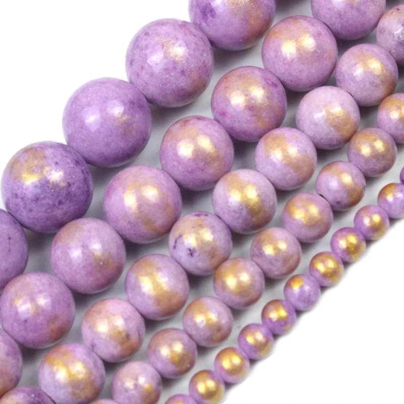 Natural Stone Purple Violet Angelite Sprinkle Gold Beads For Jewelry Making DIY Bracelets Necklace Accessories 15''Strand