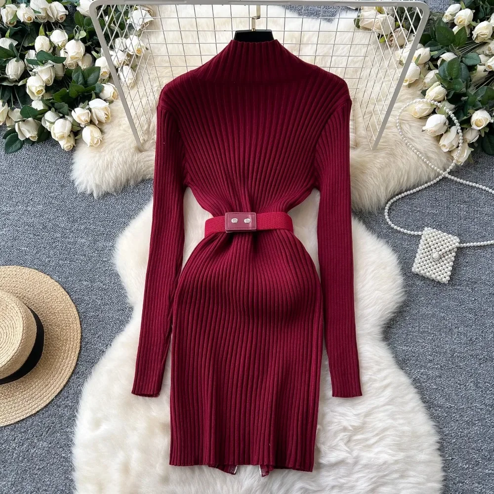 TWOTWINSTYLE Solid Patchwork Pockets Chic Dress For Women O Neck Long Sleeve Spliced Zipper Knitted Dress Female New KDE502580