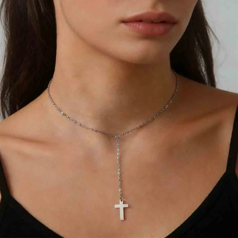 Skyrim Kreuz-Anhänger Lange Quasten-Halskette für Frauen Edelstahl-Halskette Jesus Christliches Kruzifix Schmuck Geschenk Neu