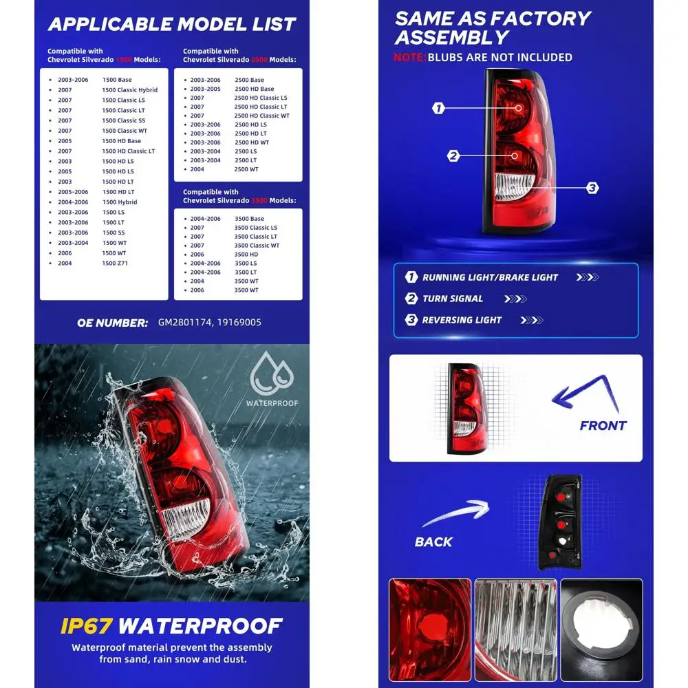 

OEM Factory Tail Lights for 2003-2006 Chevy Silverado 1500/2500HD/3500, Pair, Driver & Passenger Side