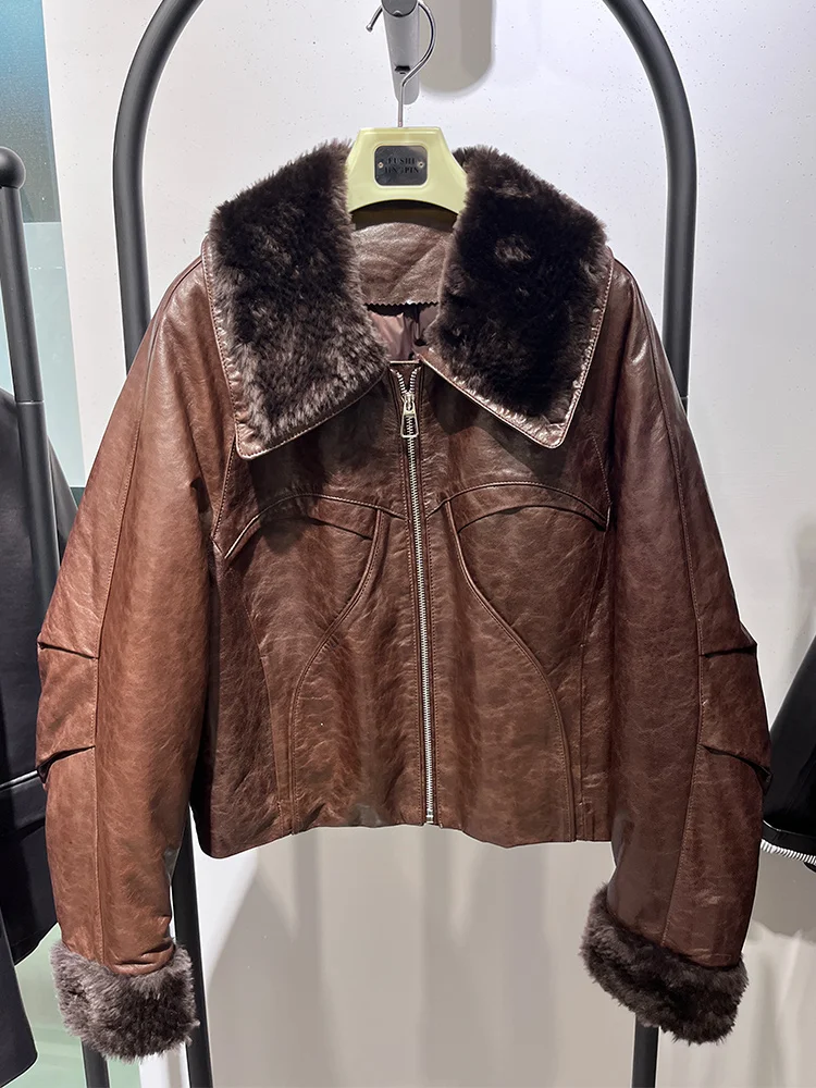 المرأة أوزة أسفل سترة جلد الغنم الحقيقي سترة الطبيعية ميرينو الأغنام الفراء طوق معطف قصير فاخر دافئ سترة منفوخة #3