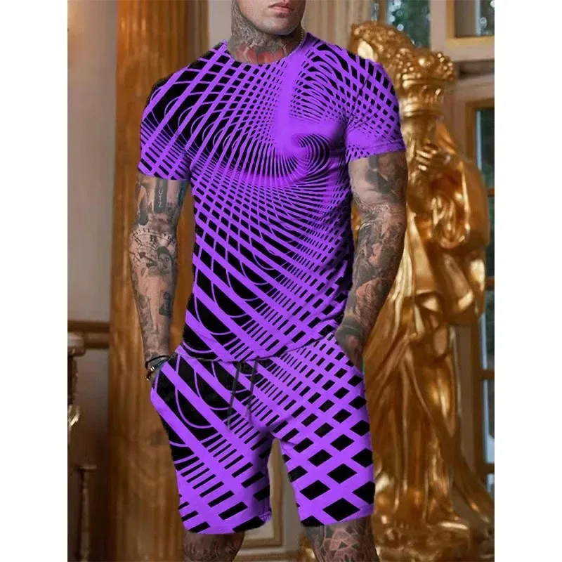 2025 Fun 3D Optical Stripe Printed Men's Summer Casual Round Neck Short-sleeved Shirt and Shorts Street Hip-hop Style Set