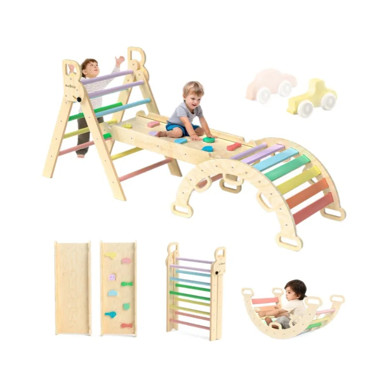 

Foldable Baby Climbing Toy Wooden Montessori Climbing Set With Arch Ramp Ladder