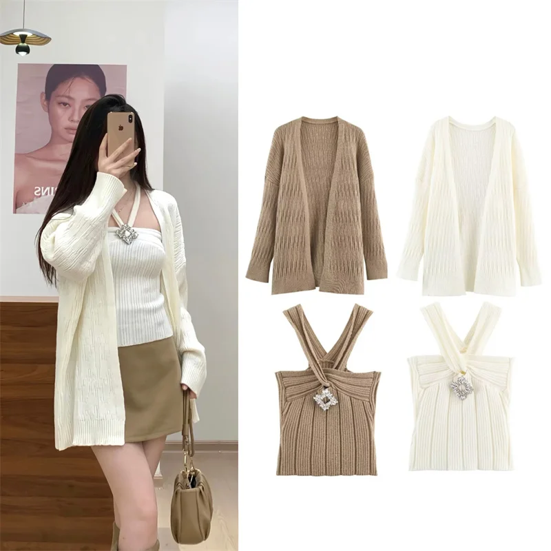

Women's Top 2025 Autumn New Style Solid Color Long-Sleeve Vest Cardigan Knit Two-Piece Set Sexy and Fashionable Personality