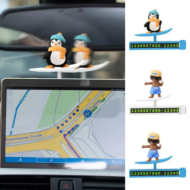 Car Moving Number Card Cartoon Penguin Automobile Sliding Skateboard Ornament Surfer Boy Dashboard Car Screen Decor For Trucks