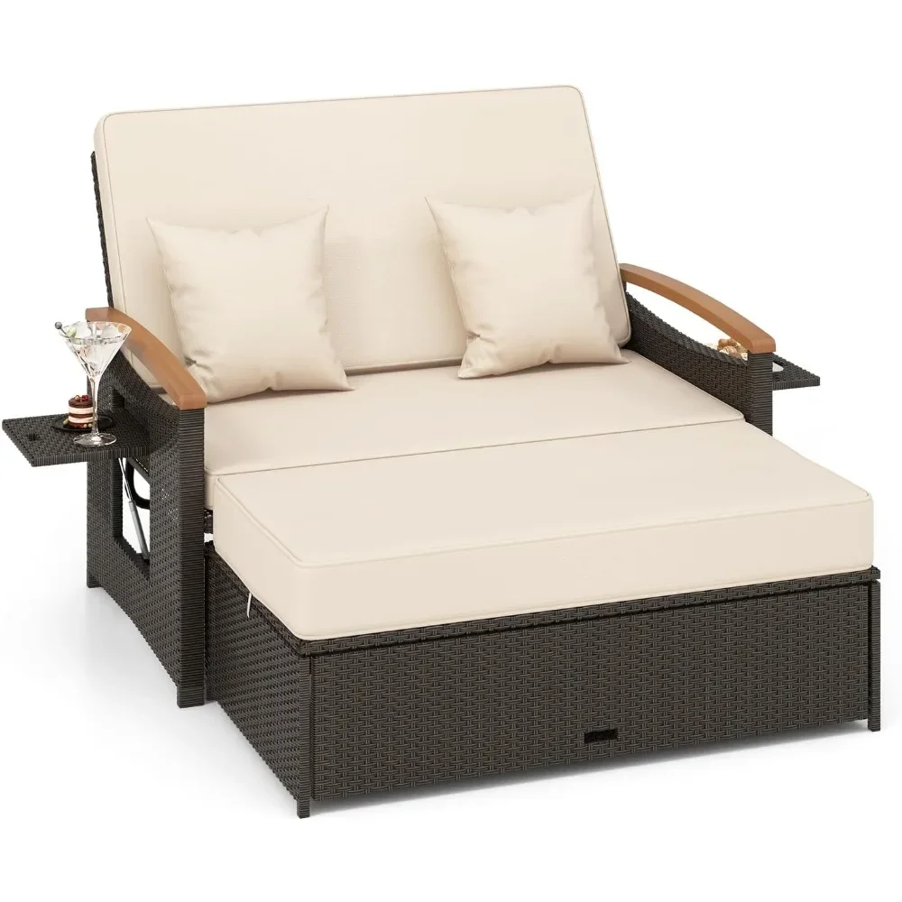 Outdoor Wicker Sofa Daybed, Rattan Loveseat with Folding Panels & Storage Ottoman, 4-Level Adjustable Backrest