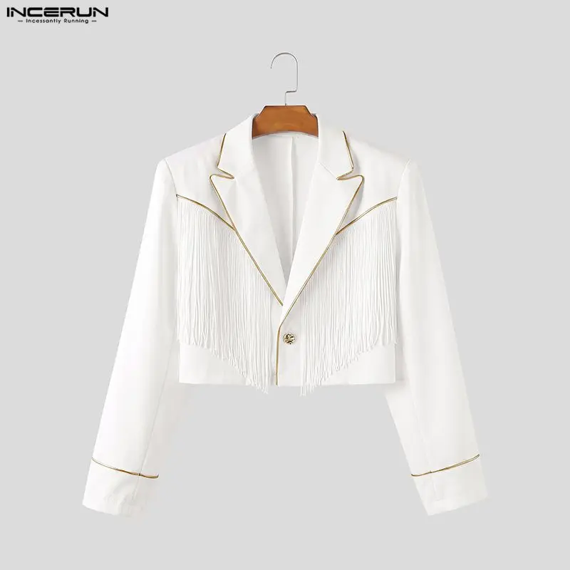 INCERUN Men's Blazer Tassel Patchwork Lapel Long Sleeve One Button Male Suit Streetwear Fashion Party Casual Crop Blazer For Man