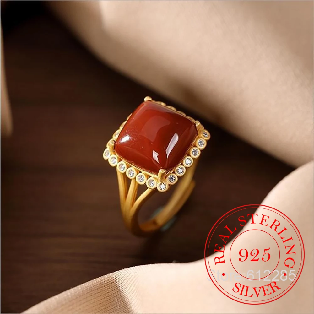 

925 Sterling Silver Jewelry Luxury Natural Square Red Agate Finger Rings for Women Wedding Party Jewelry For Girls Friend Gift