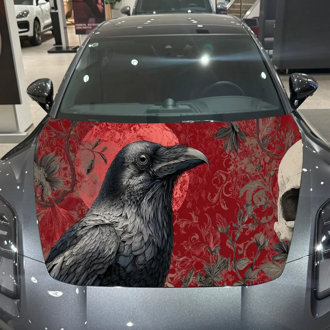 

Car Decals A Raven In Rich Red Textured Background Close - Up With Detailed Plumage, Dark Art Aesthetic And Captivating Visual D