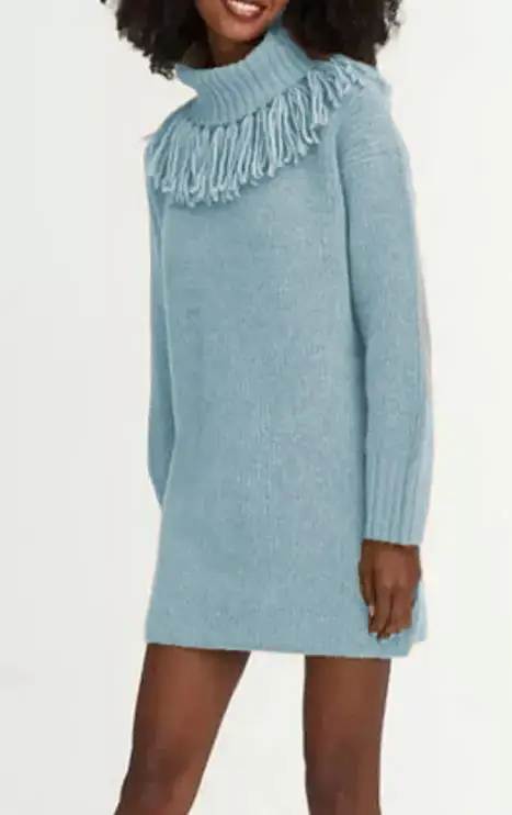 

Autumn and Winter New Solid Color High Collar Tassel Decorative Knitted Dress for Women, Elegant and Casual Loose Dress