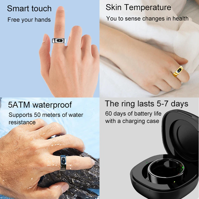 R08 Smart Ring Men Women With Charing Case,Touch Control Function Health Monitor IP68 5ATM Waterproof Skin Temperature Measure