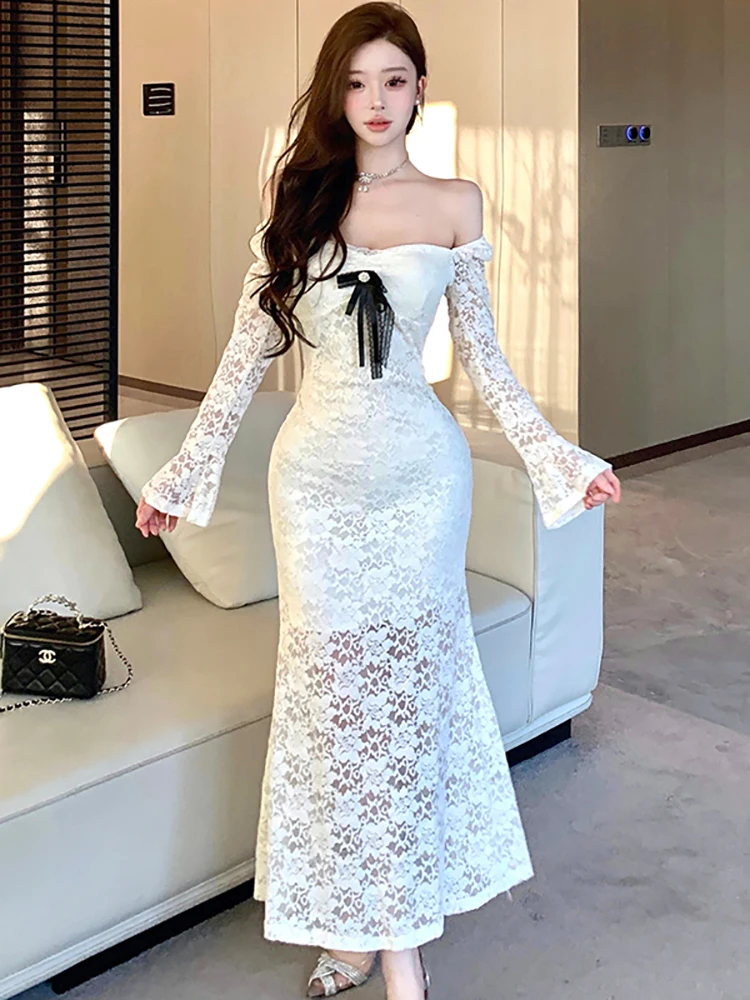 

2025 White Lace Jacuqard Chic Bow Square Collar Sexy Dress Women Long Sleeve Bodycon Festival Dress Autumn Winter Korean Dresses