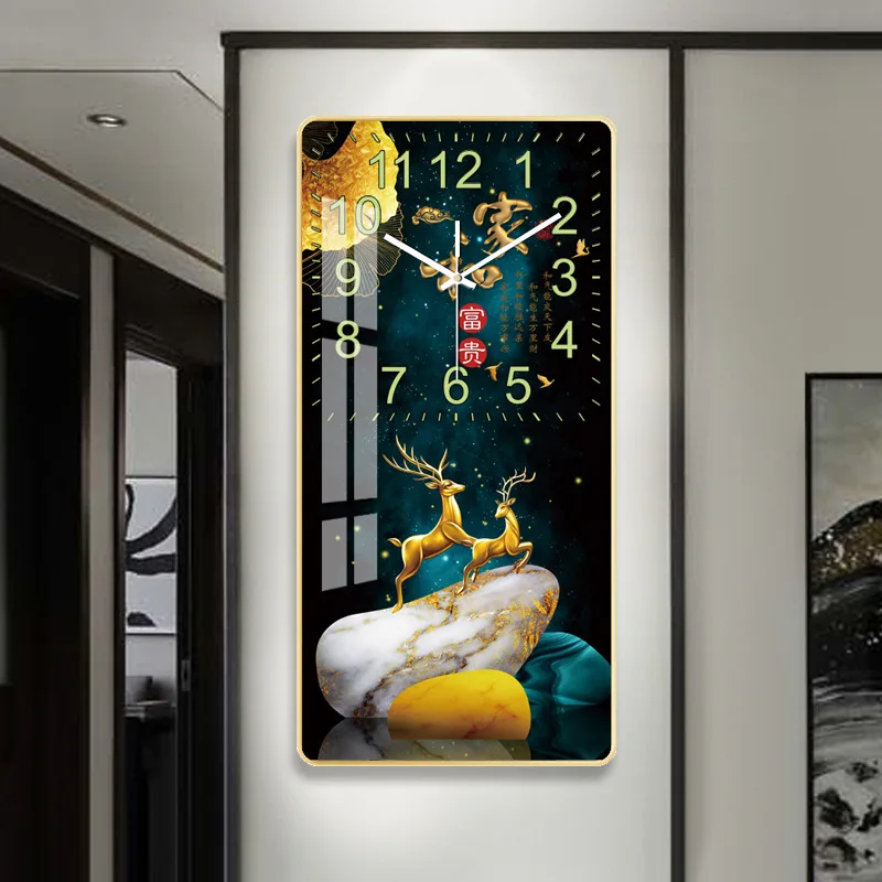 Luminous wall clock light luxury crystal porcelain painting living room wall clock silent corridor decorative painting clock