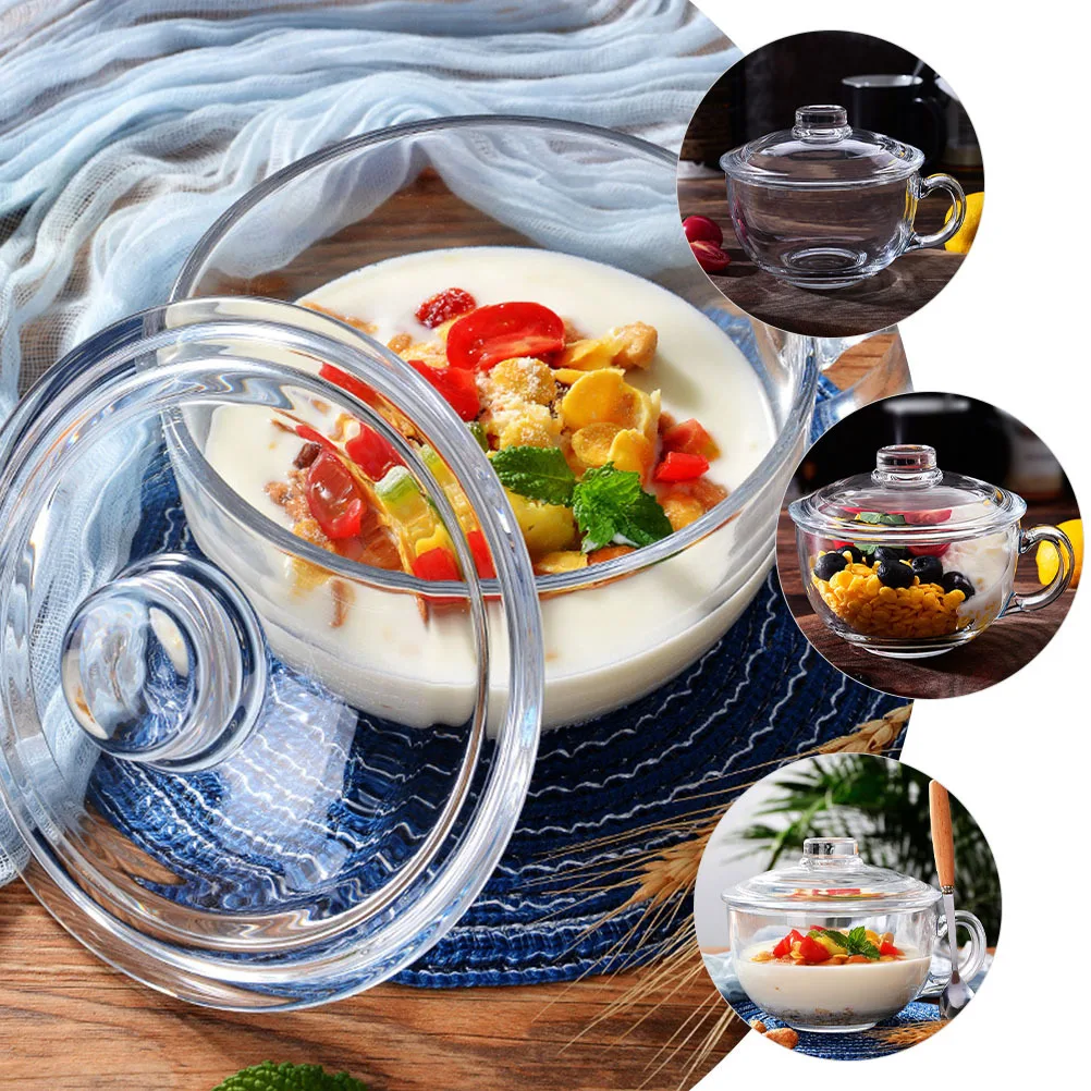 وعاء زجاجي بمقبض غطاء، بورسلين شفاف للمنزل، حاوية تخزين سلطة الفاكهة، آمنة وعملية