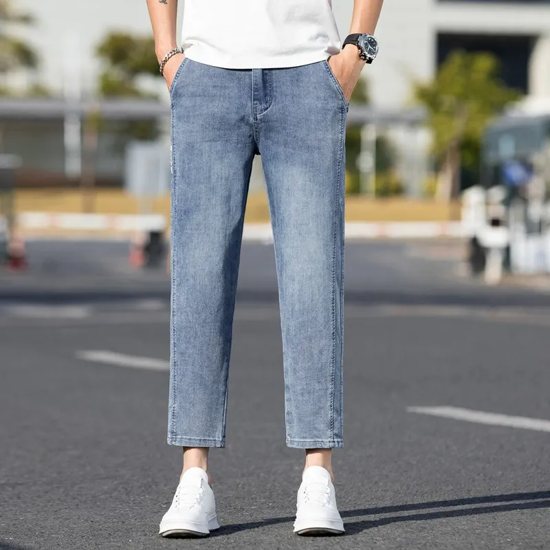 

Новые модные мужские джинсы прямого кроя, облегающие, легкие, повседневные, длинные брюки для лета, эластичные, универсальные, длиной 9/10.