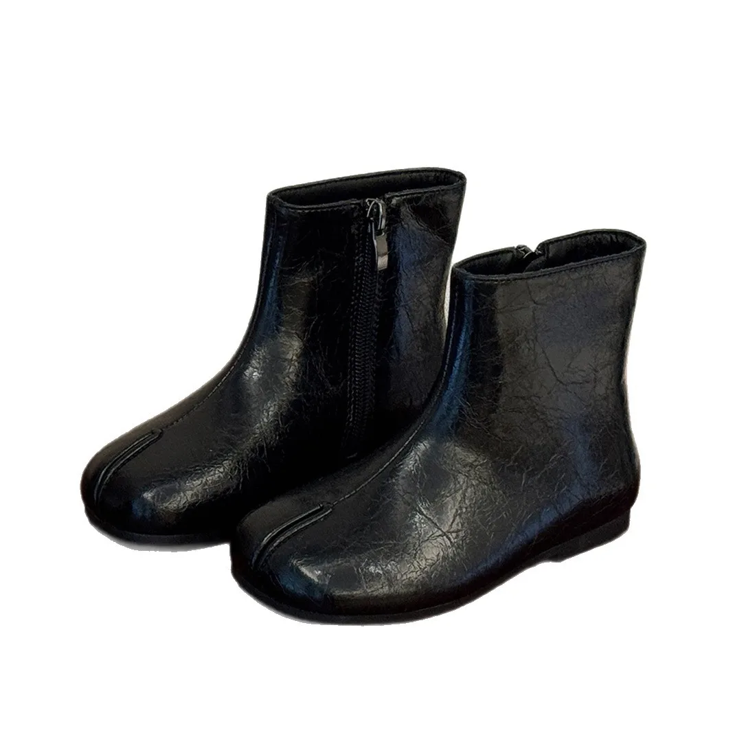 Kids Vintage Split Toe Ankle Boots Fall Winter Girls High-top Leather Boots Minimalist Short Single Boot