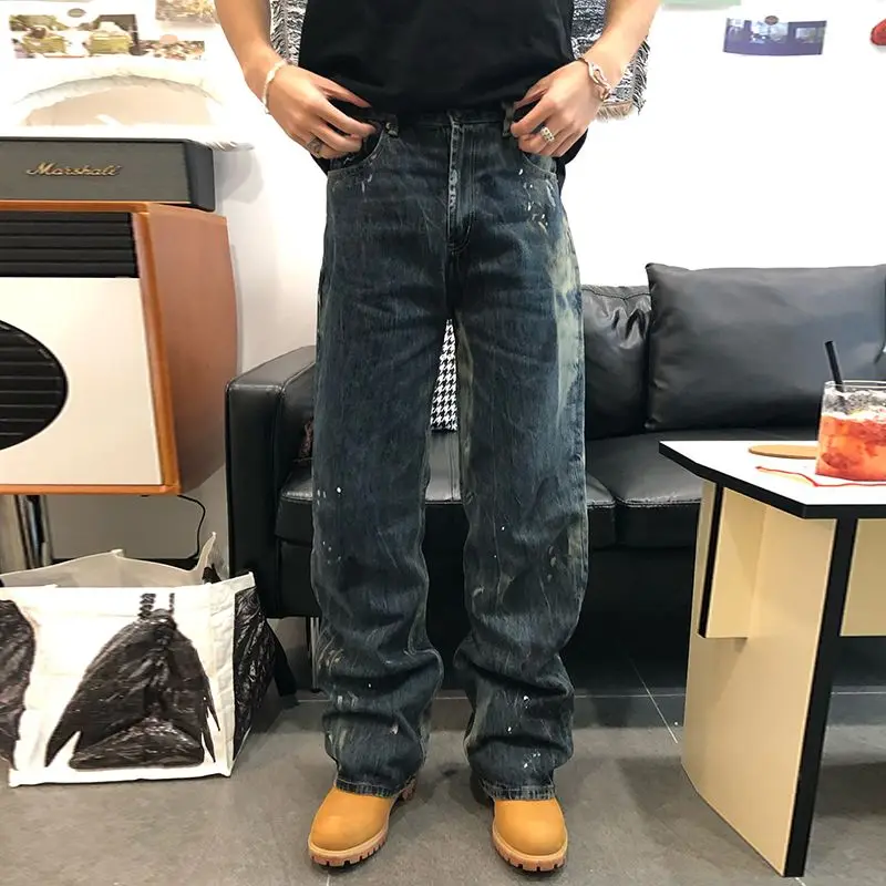 

Джинсы с высокой талией, в стиле пэчворк, с эффектом распыления краски, модные, крутые, деструктивные, длинные, прямые, из смесового хлопка с высокой эластичностью