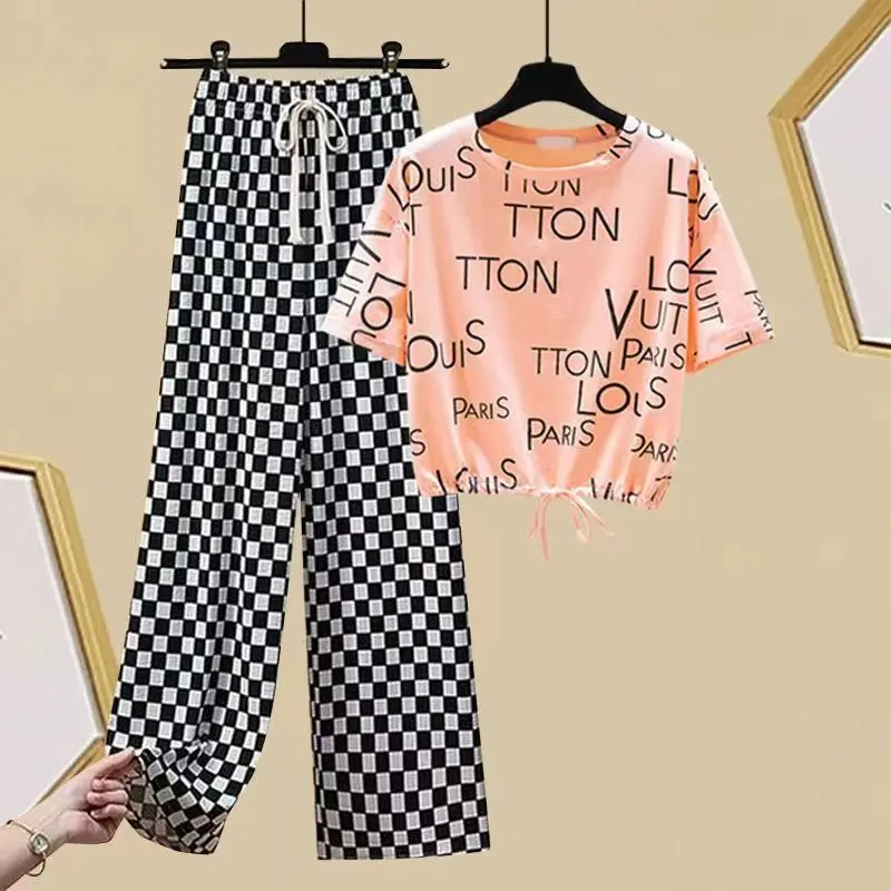 Fashion Women's Set for Spring and Summer New Korean Version Short T-shirt Top+slimming Wide Leg Pants Two-piece Set