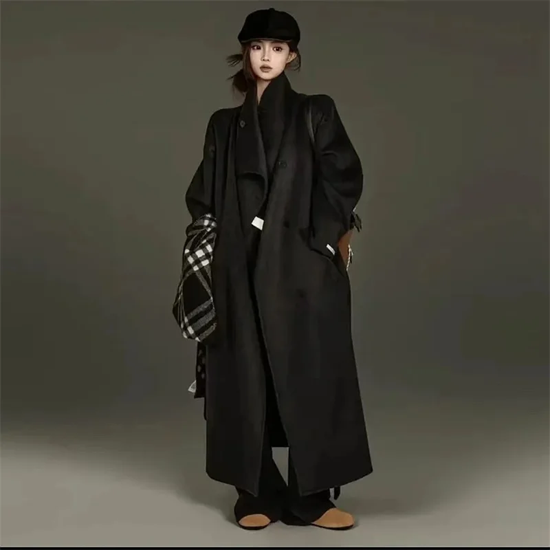 Autumn New Wool Jacket Hooded Woolen Coat Women Water Ripple Cashmere Coat Female Casual Lace-up Loose Wool Coat Classic