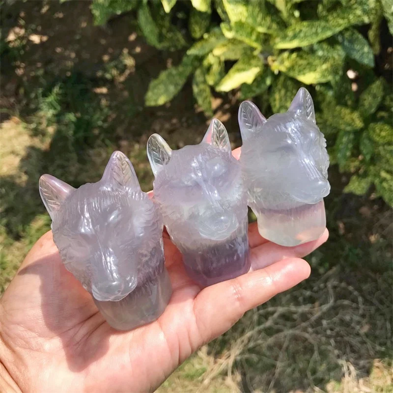 Natural Fluorite Hand Carving Wolf Head Decorate Handcrafts Healing Crystal Powerful Animal Reiki 1PCS