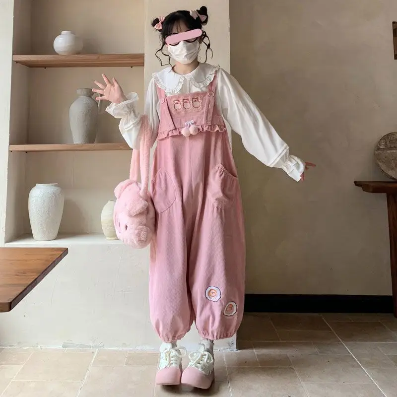 

Japanese Sweet Pink Strap Pants for Women High Waist Loose Wide Leg Pants 2025 Fashion New Straight Corduroy Trousers